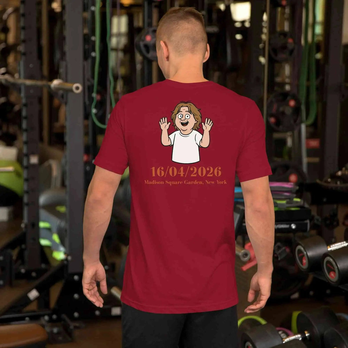 Unisex crew-neck T-shirt, burgundy, back cartoon graphic with date text.