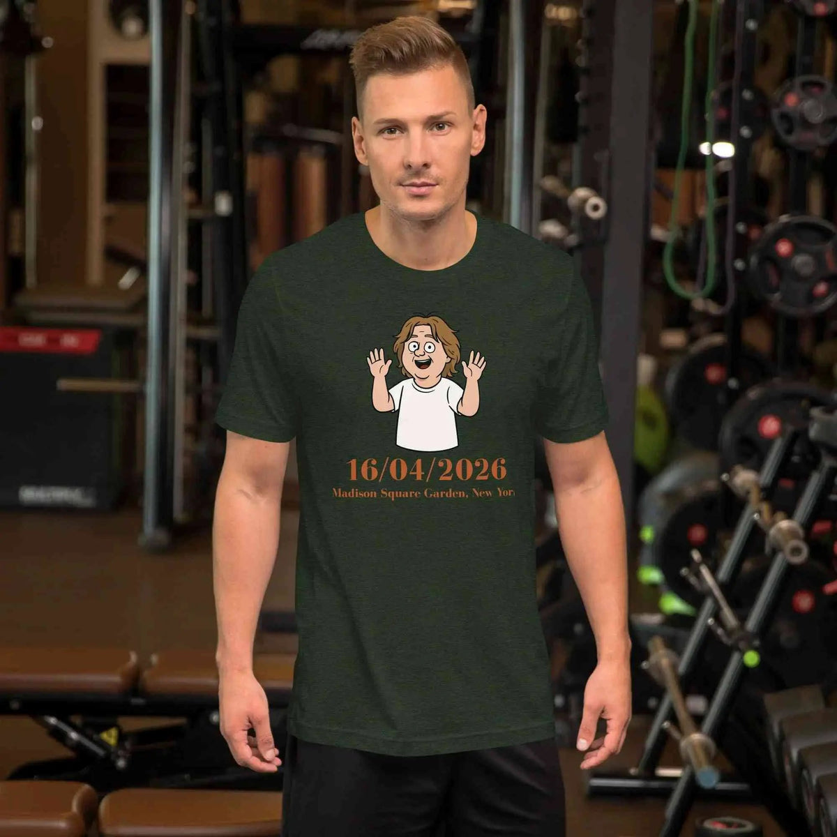 Unisex crew-neck T-shirt, dark fabric, front cartoon graphic with date text.