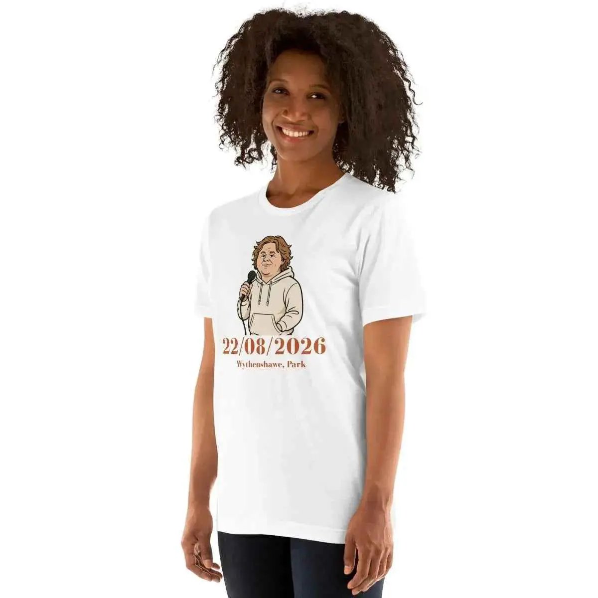 Unisex white concert T-shirt front, mic character graphic with date 22/08/2026