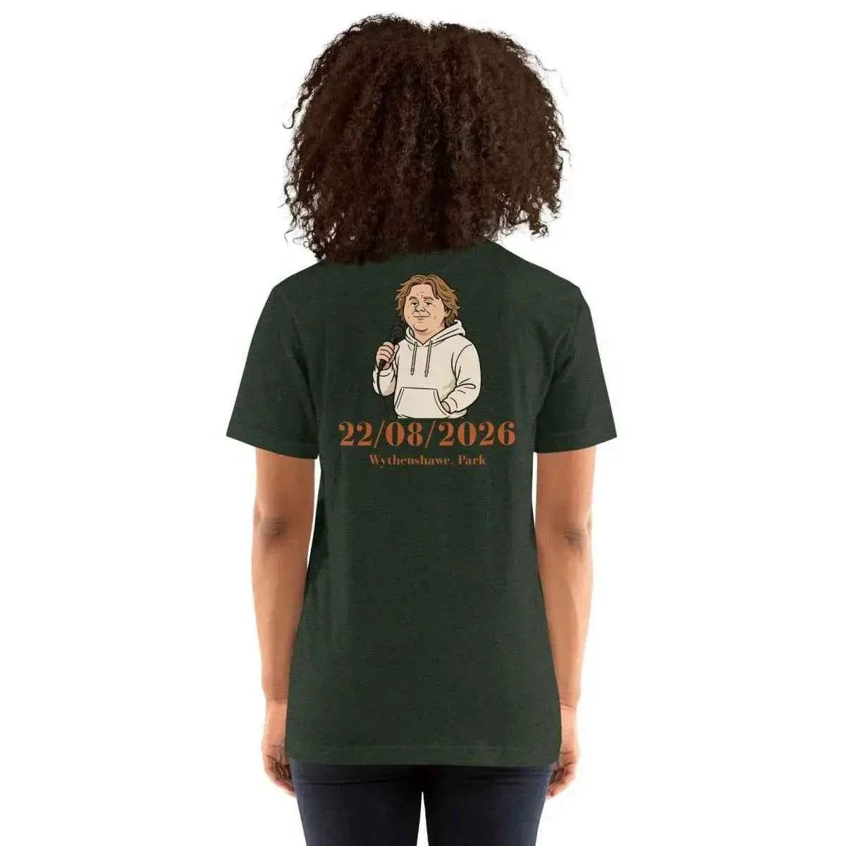 Unisex dark green graphic T-shirt with back date print and short sleeves
