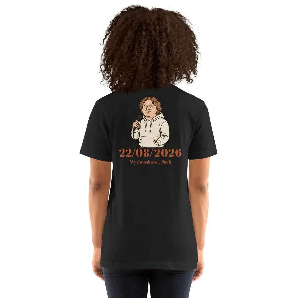Unisex black crew-neck graphic t-shirt with date 22/08/2026 back print