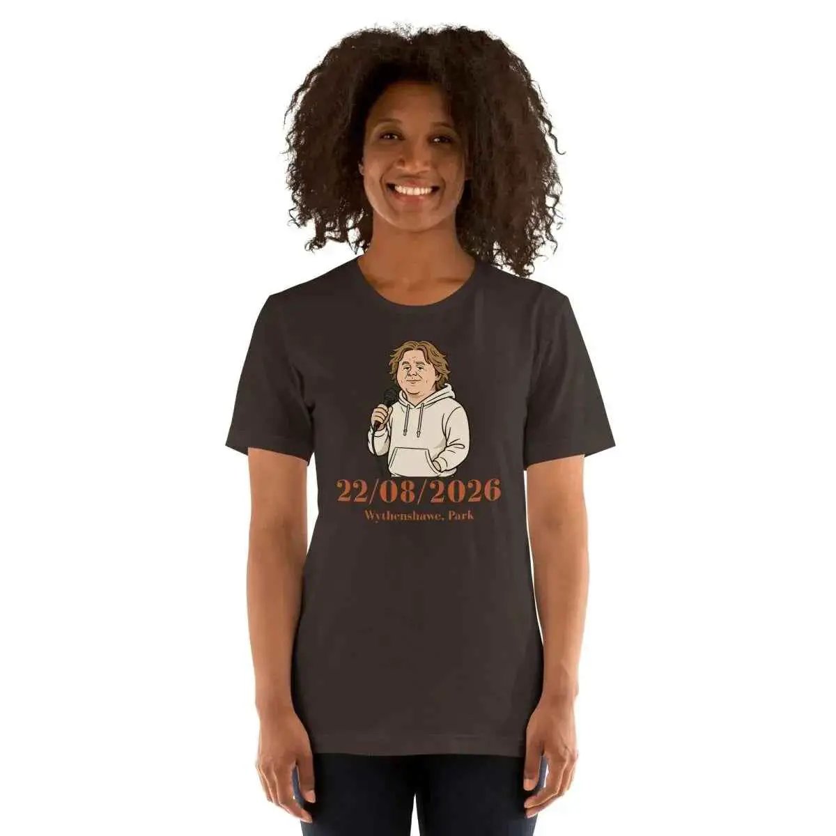 Unisex dark gray graphic T-shirt with front date print and illustrated singer icon