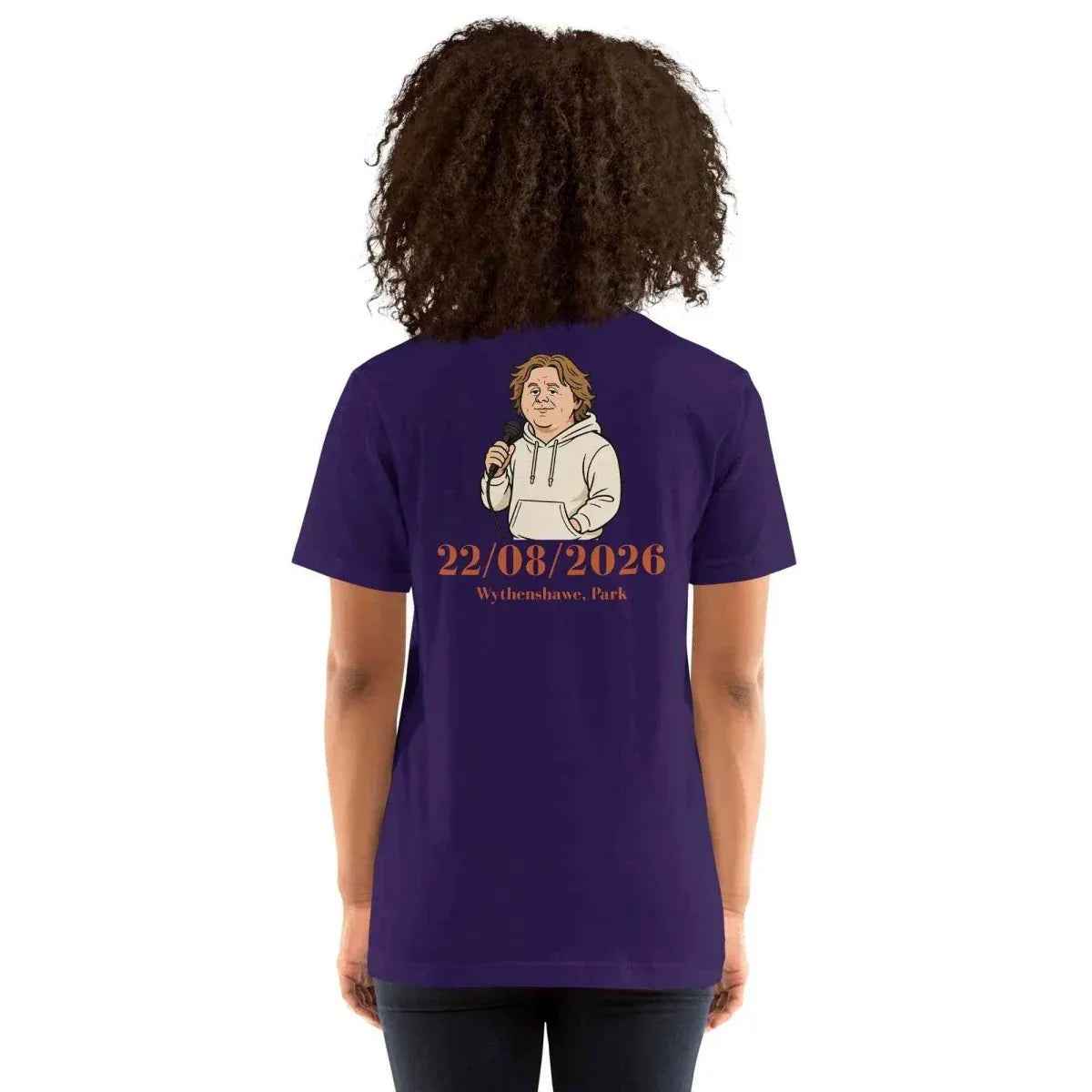 Unisex purple crew-neck graphic t-shirt with date 22/08/2026 back print