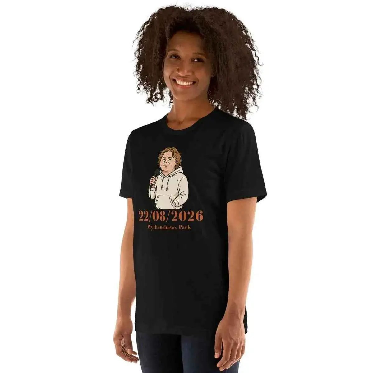 Unisex black tour T-shirt with front singer print and 22/08/2026 date