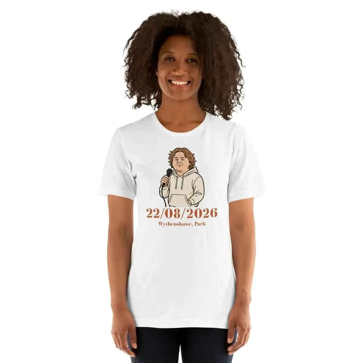 Unisex white concert T-shirt, front graphic with microphone character and date 22/08/2026