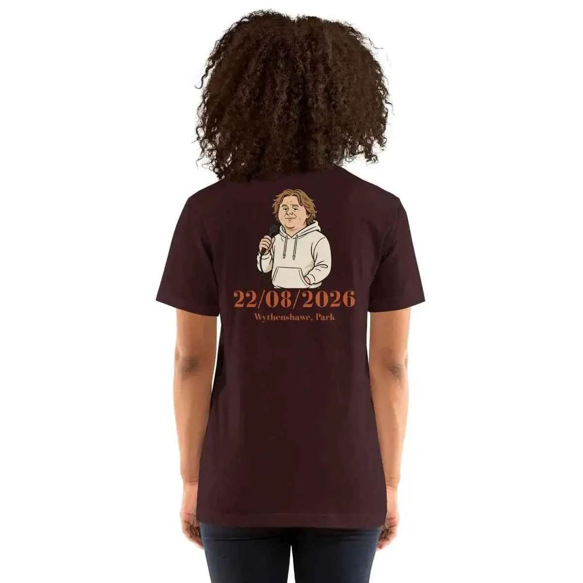 Unisex dark maroon crew-neck graphic t-shirt with date 22/08/2026 center back
