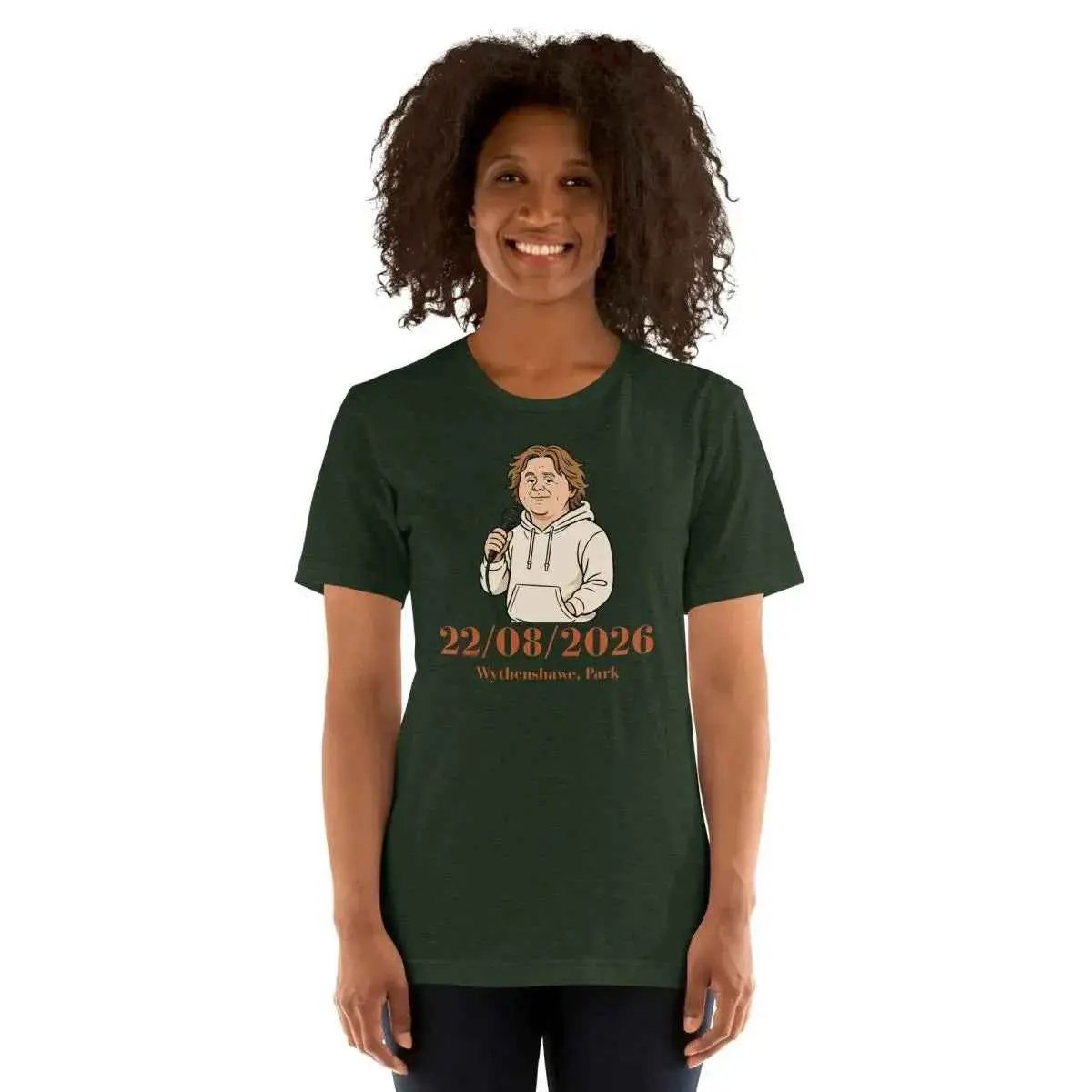Unisex dark green graphic T-shirt with front date print and short sleeves