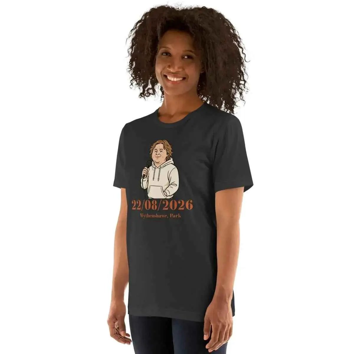 Unisex black graphic T-shirt with front date print and illustrated singer icon