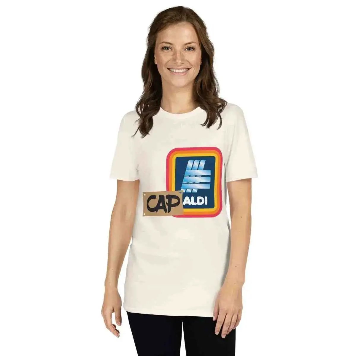 Unisex natural cotton T-shirt with CAP ALDI front graphic, crew neck, short sleeves