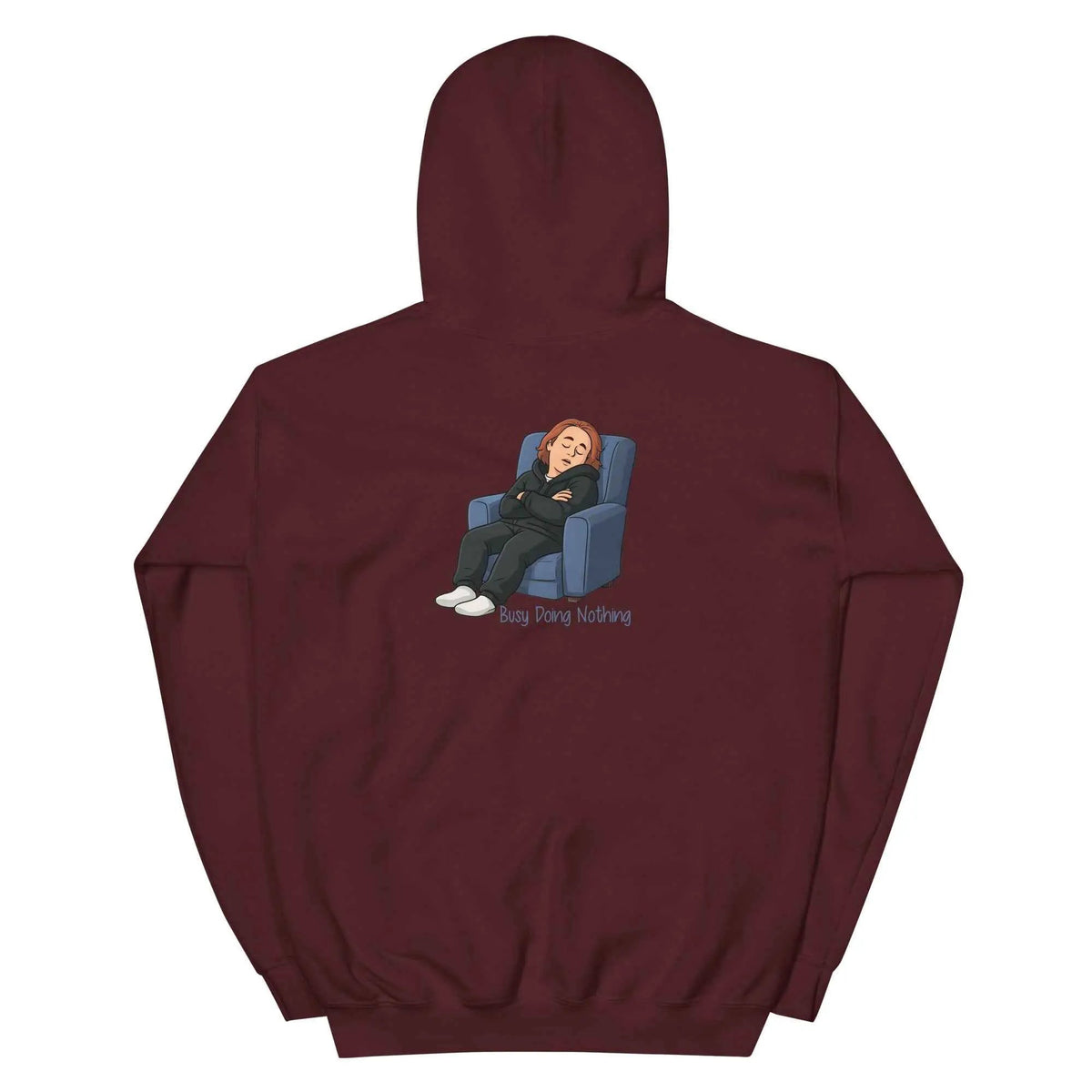 Maroon unisex hoodie with hood, back graphic print, and front kangaroo pocket