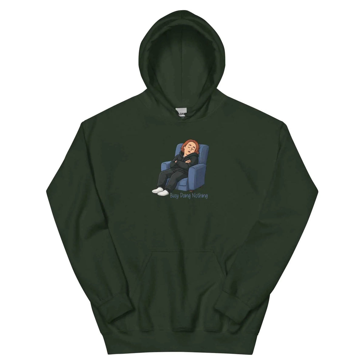 Forest green unisex hoodie with hood, front graphic print, and front kangaroo pocket