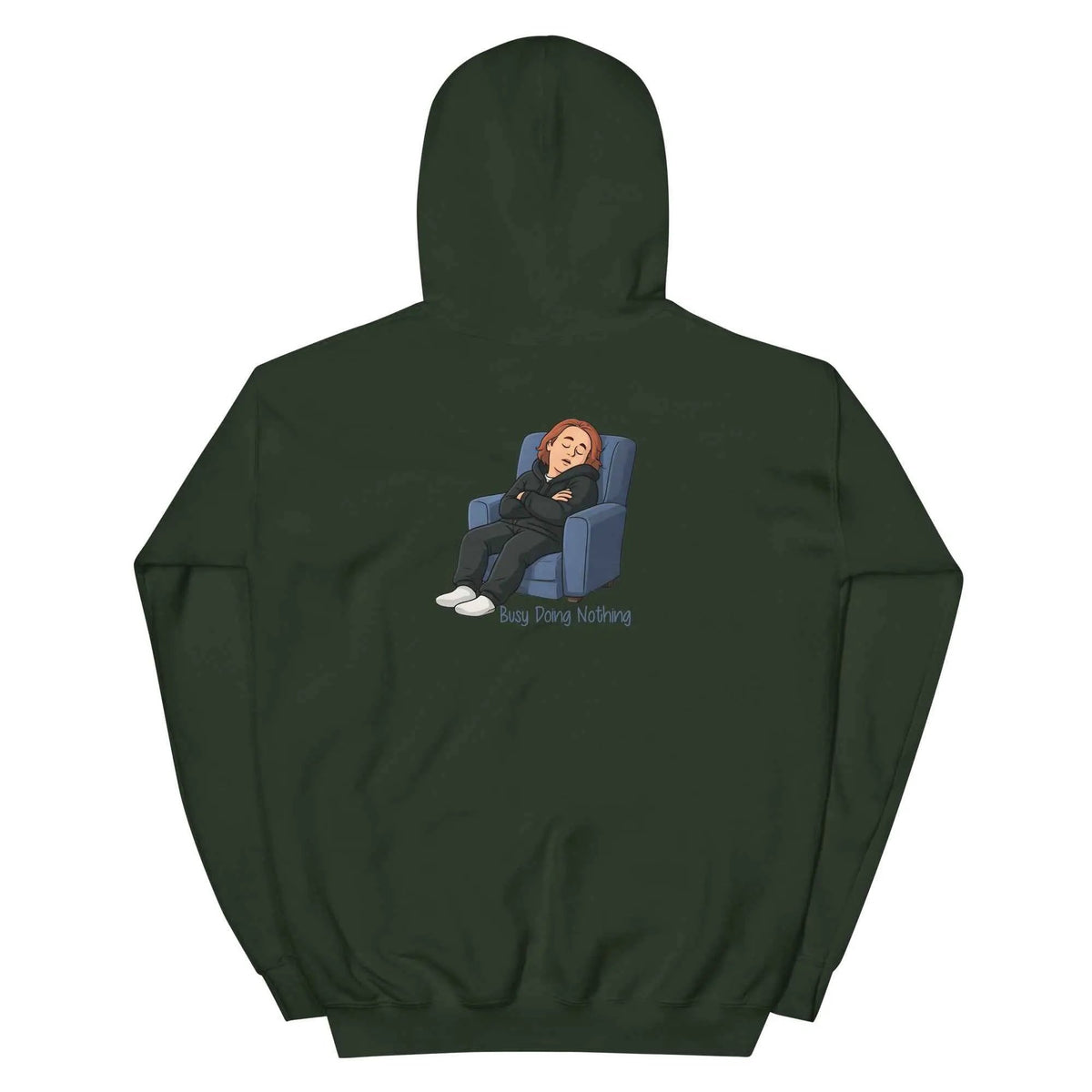 Forest green unisex hoodie with hood, back graphic print, and front kangaroo pocket