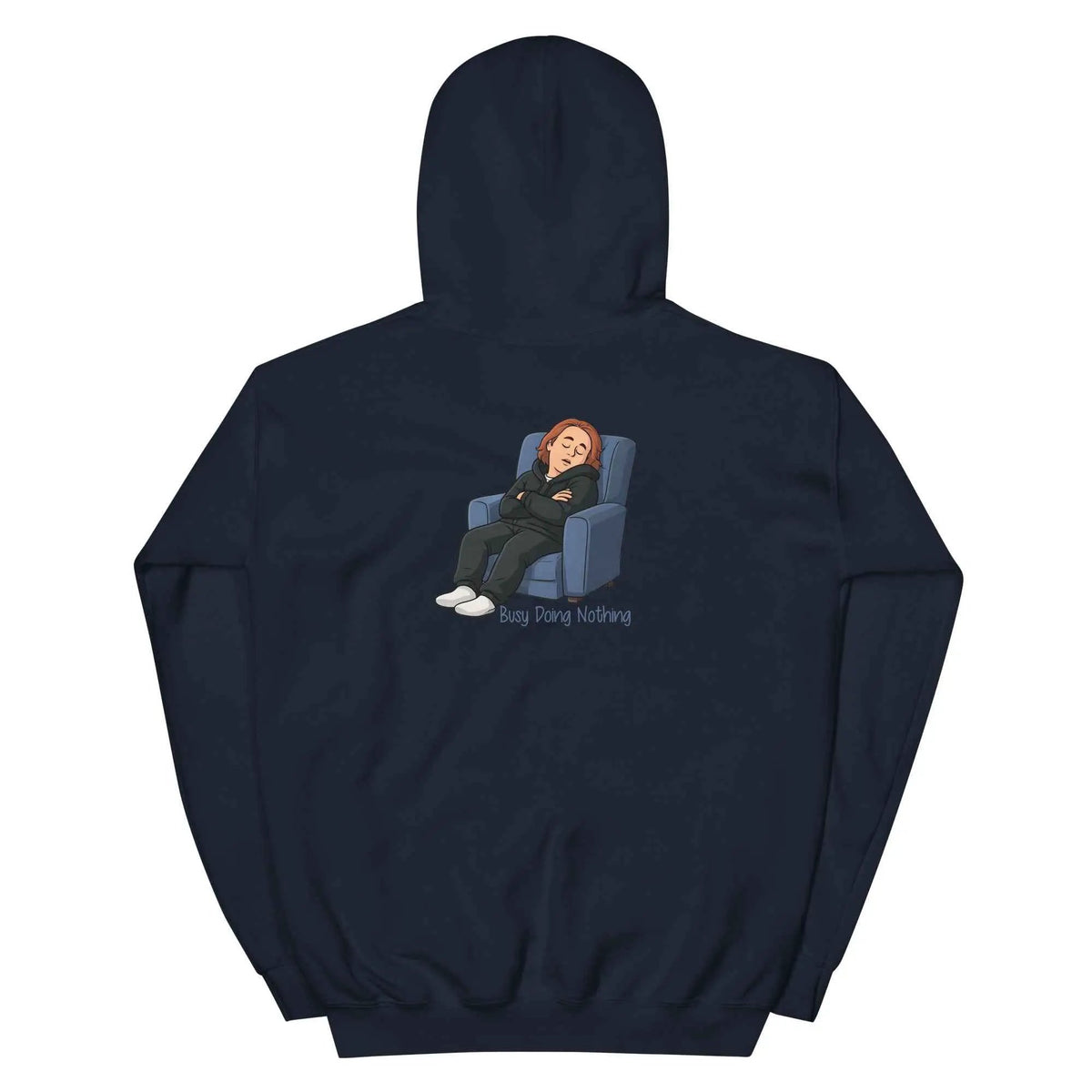 Navy unisex hoodie with hood, back graphic print, and front kangaroo pocket