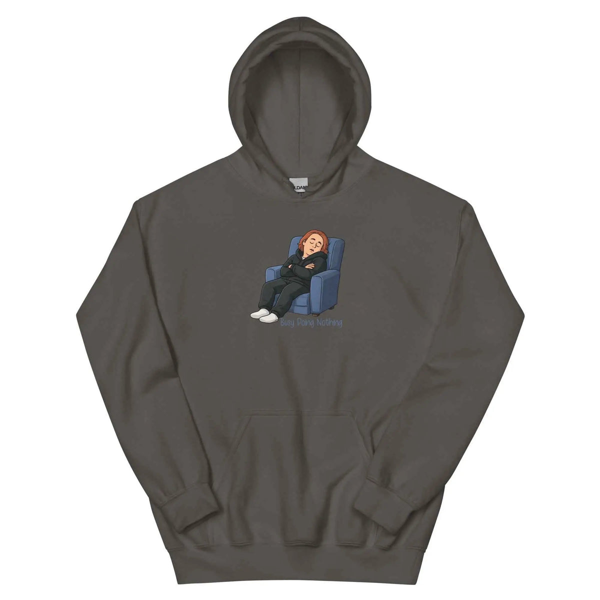 Charcoal unisex hoodie with front hood, kangaroo pocket, and couch graphic print