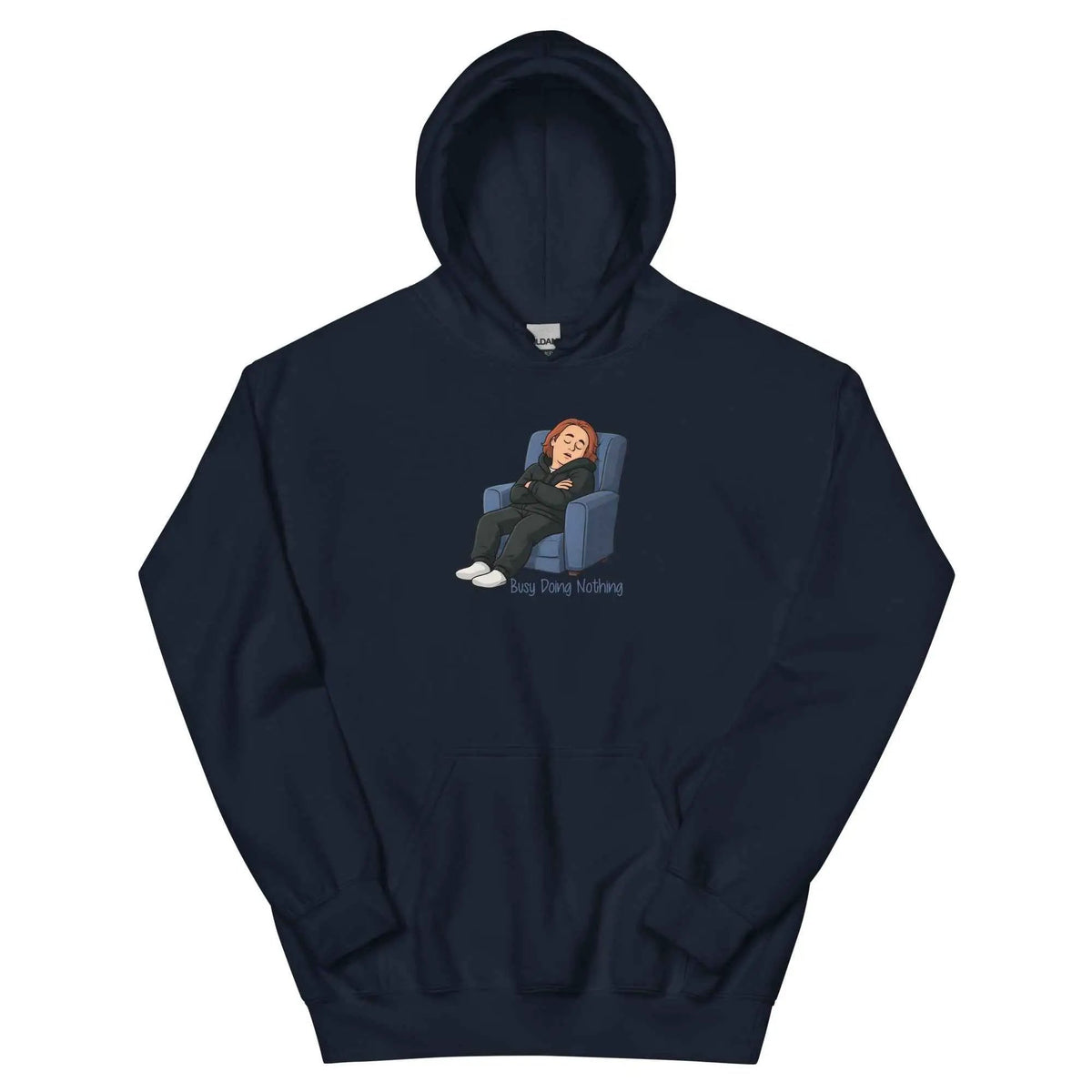 Navy unisex hoodie with hood, front graphic print, and front kangaroo pocket