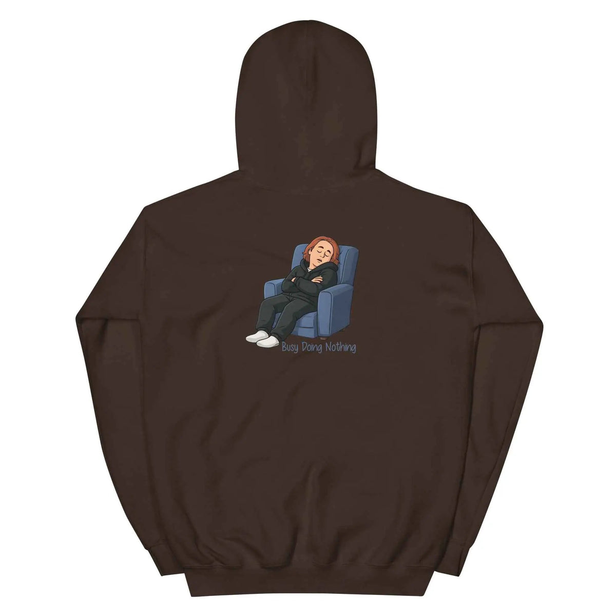 Dark brown unisex hoodie with hood, back graphic print, and front kangaroo pocket