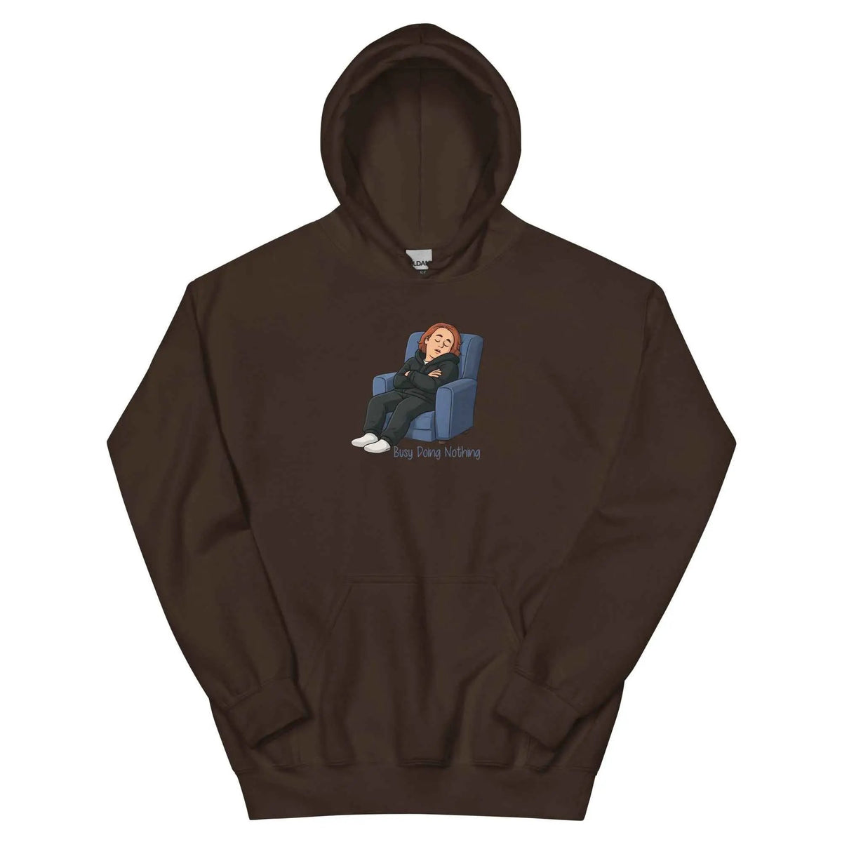 Dark brown unisex hoodie with hood, front graphic print, and front kangaroo pocket