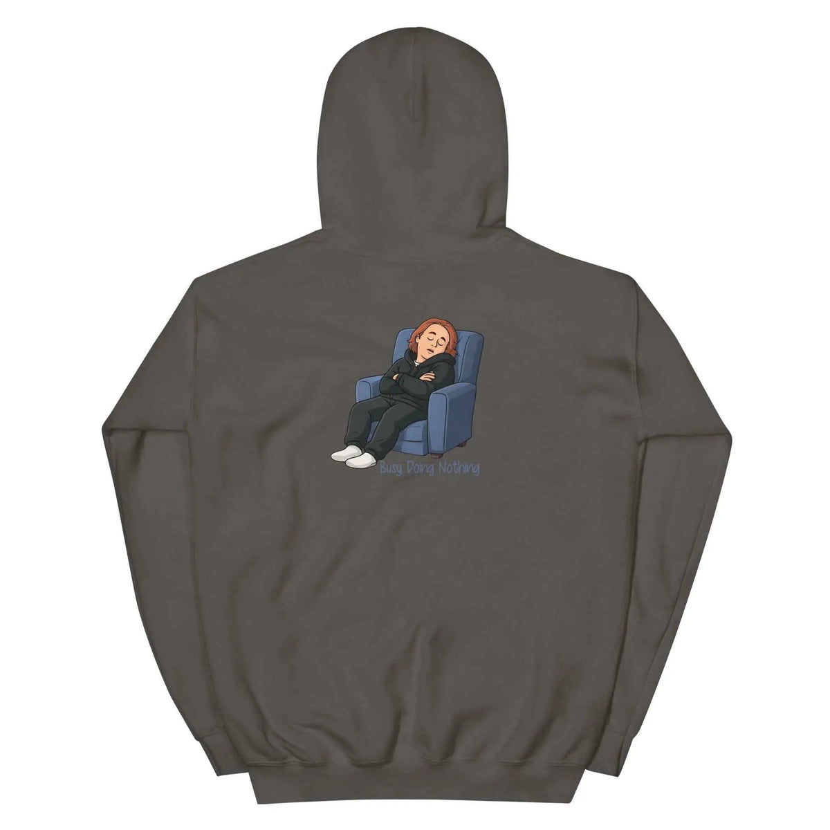 Charcoal unisex hoodie with back hood and kangaroo pocket, featuring a couch graphic