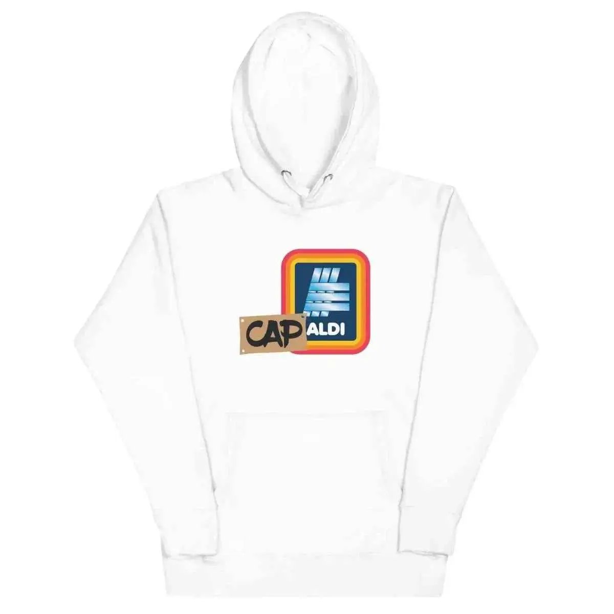 Unisex graphic hoodie, white, front hood and kangaroo pocket with front “CAPALDI” print