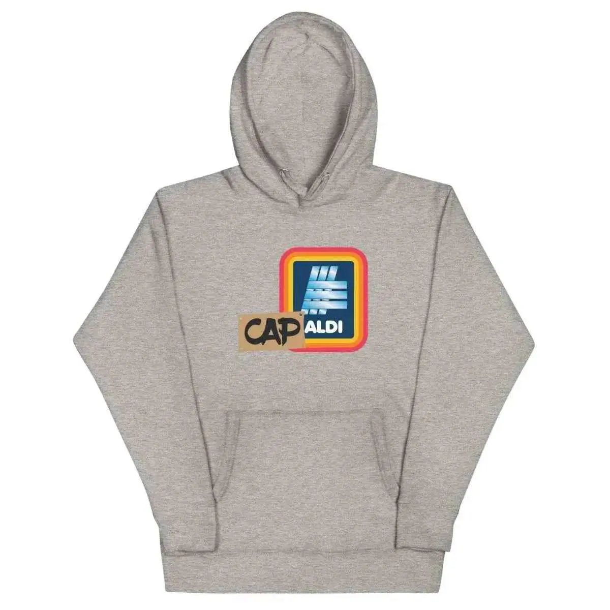 Unisex graphic hoodie, heather gray, front hood and kangaroo pocket with “CAPALDI” print