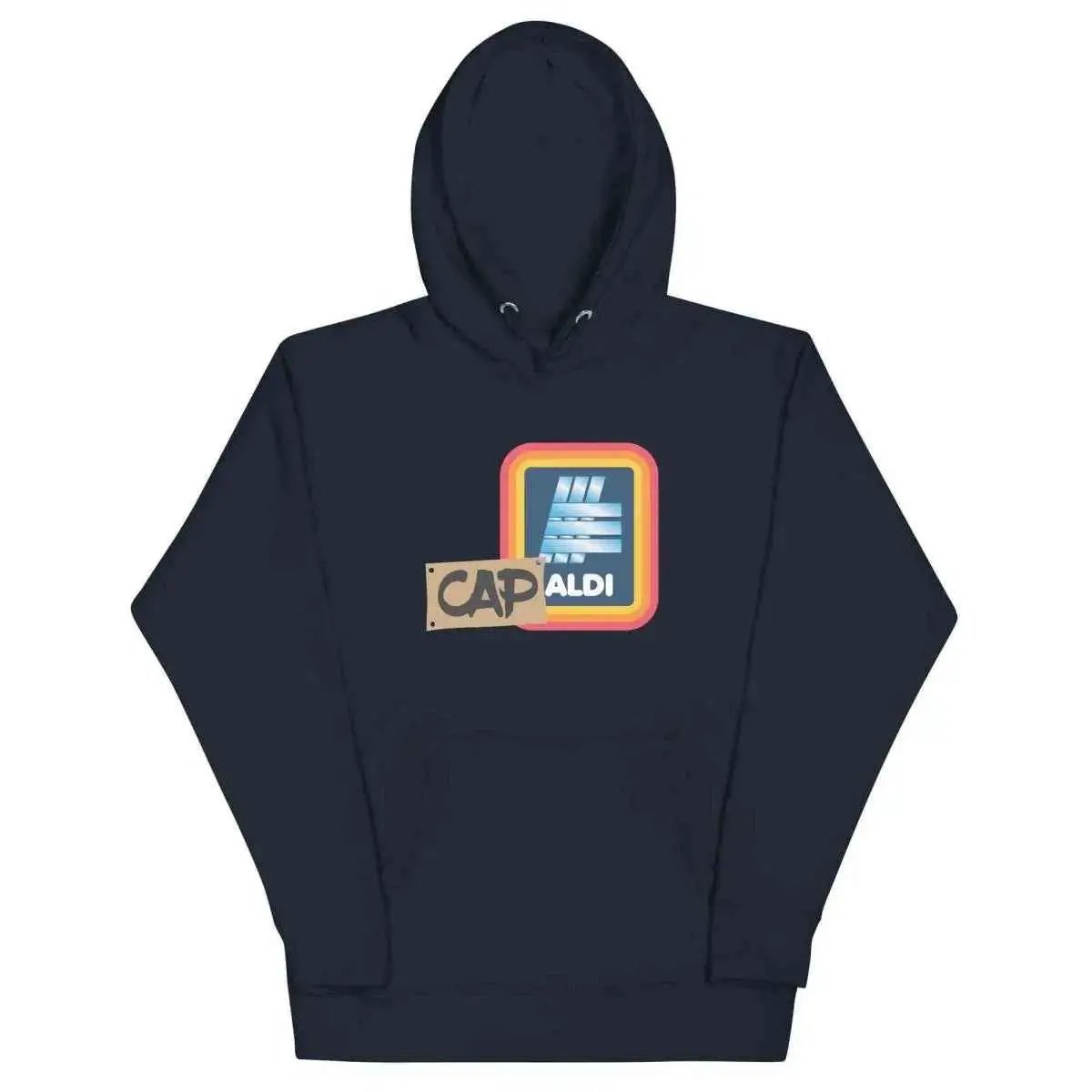 Unisex graphic hoodie, navy, front hood and kangaroo pocket with “CAPALDI” logo print