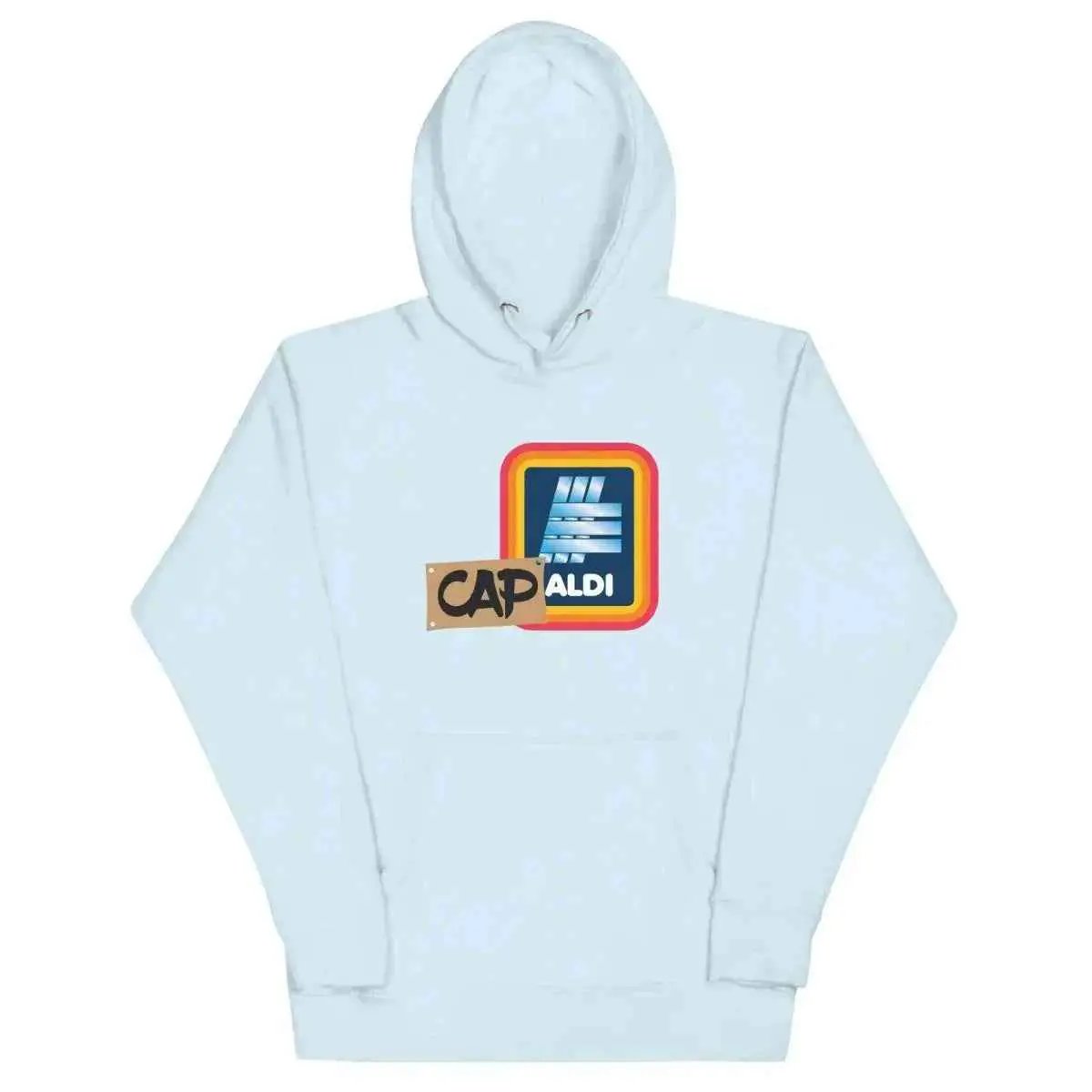 Unisex graphic hoodie, light blue, front hood and kangaroo pocket with “CAPALDI” print