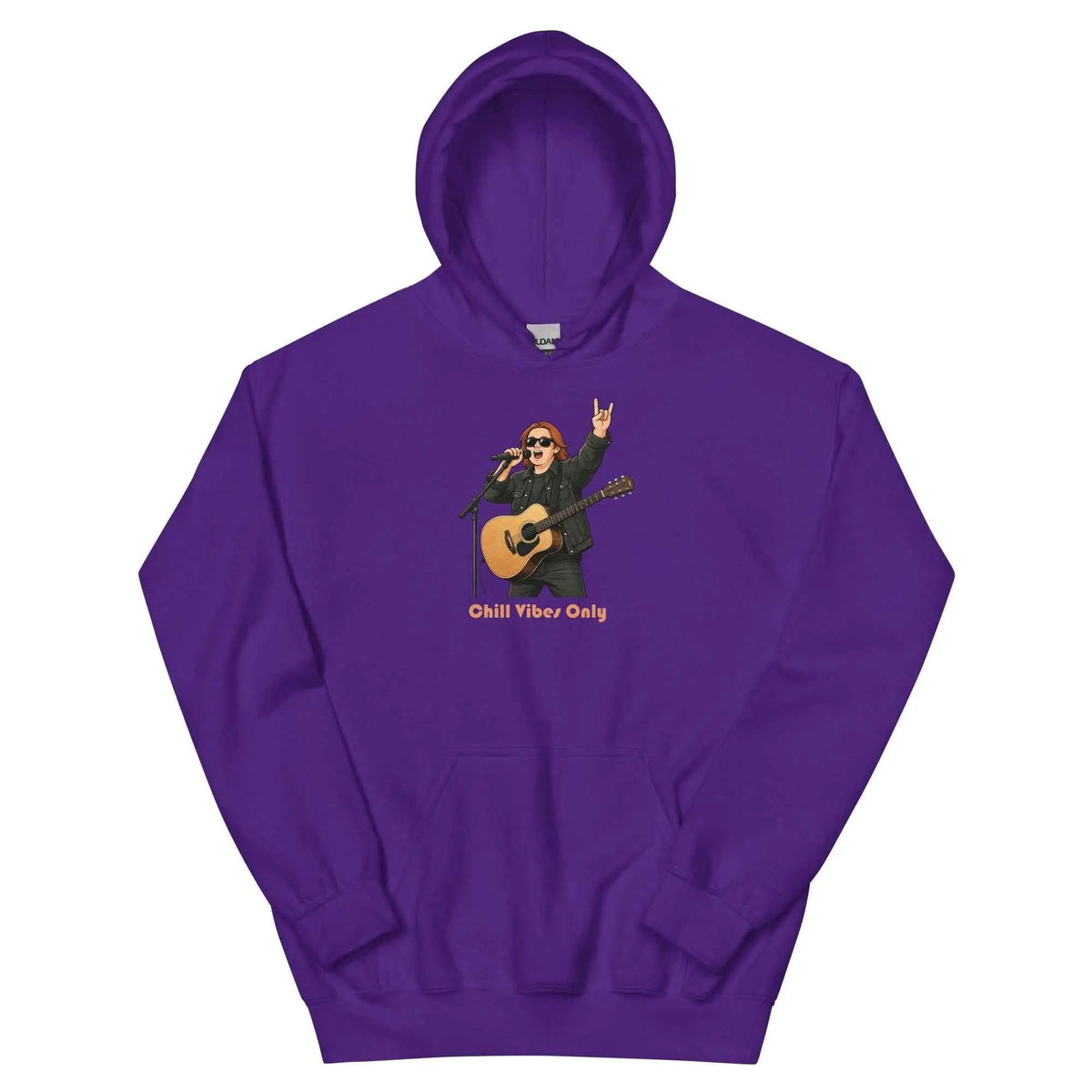 Purple unisex hoodie with front guitar graphic and 'Chill Vibes Only' text