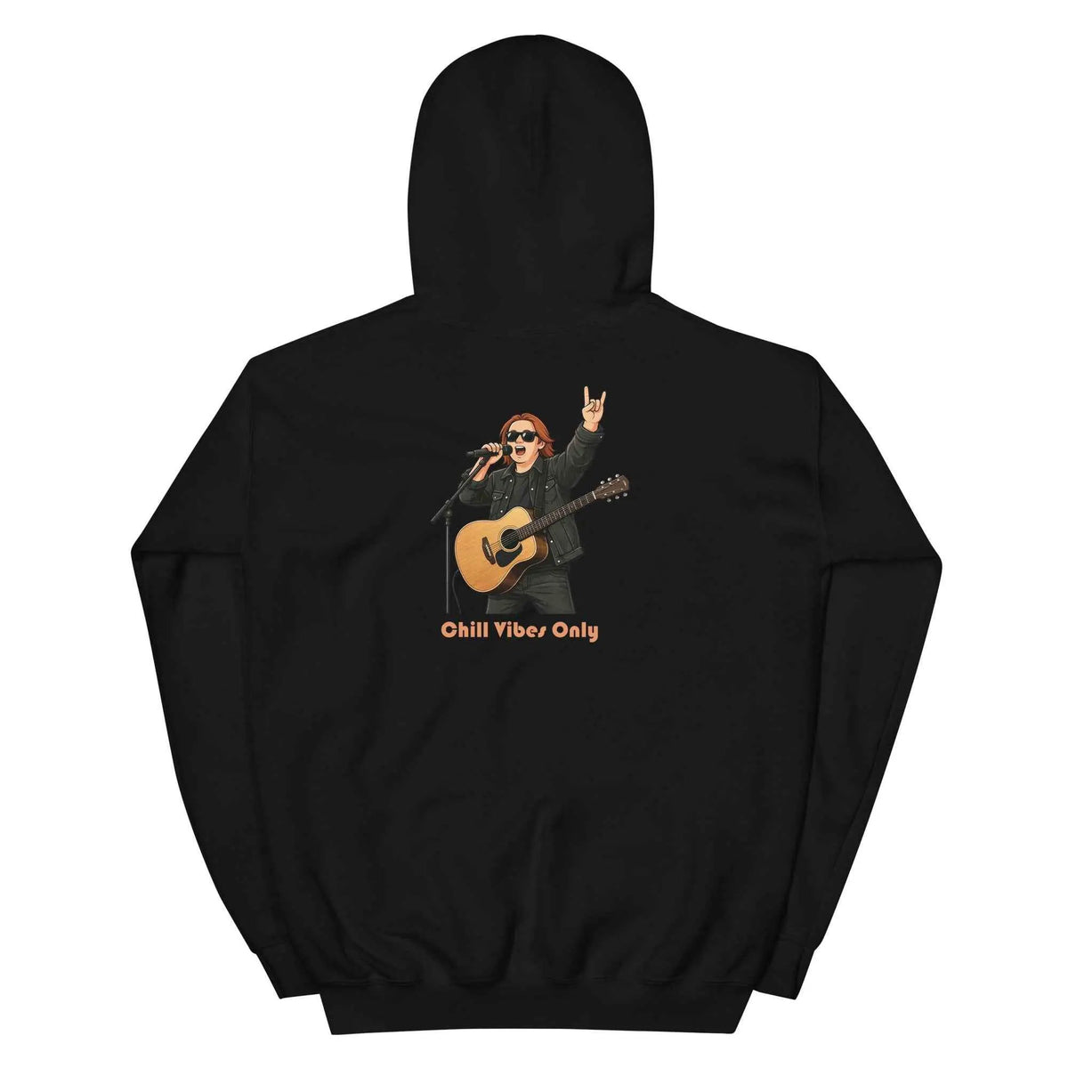 Black unisex hoodie with hood, back graphic of guitarist and 'Chill Vibes Only'.
