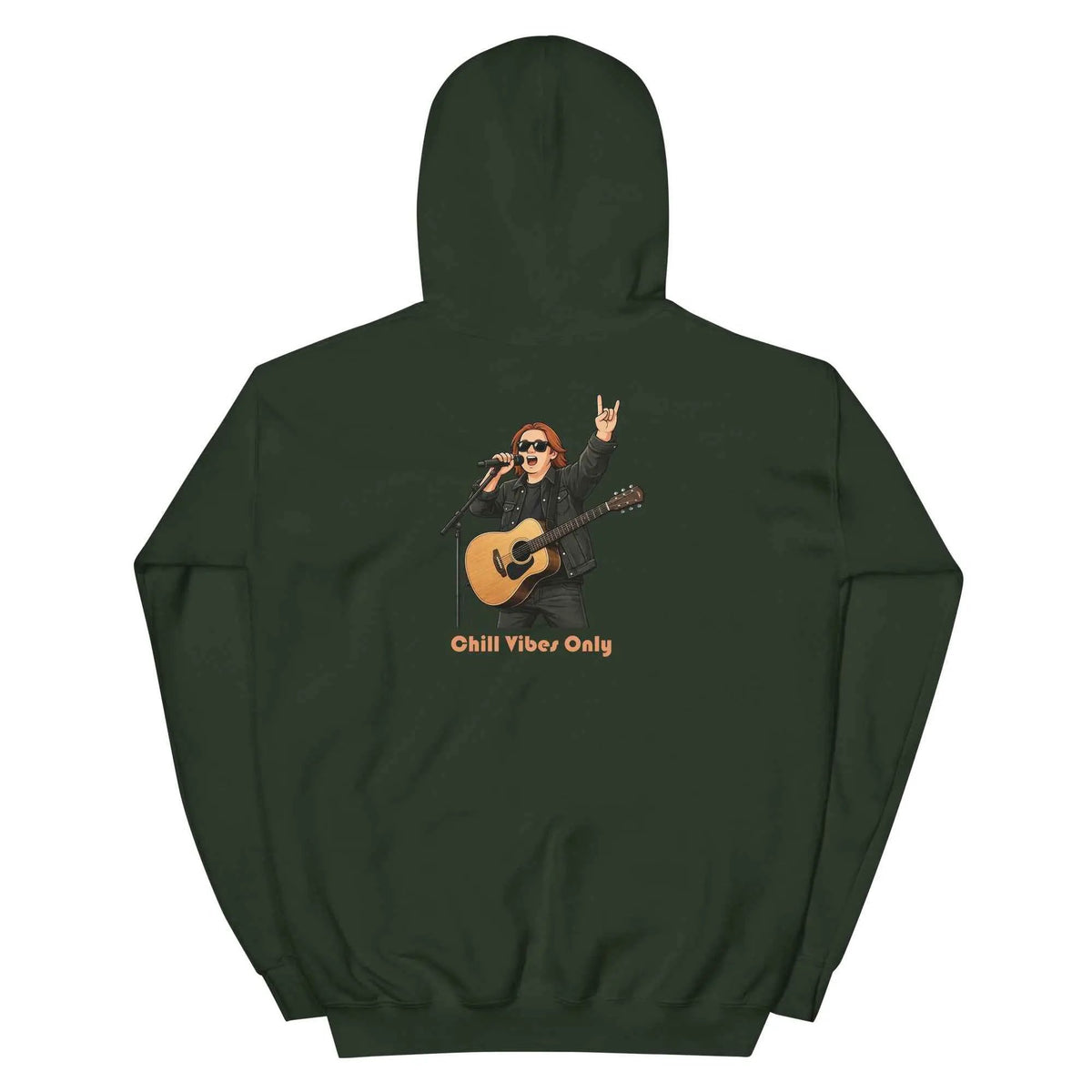 Forest green unisex hoodie with hood, back graphic of guitarist and 'Chill Vibes Only'.