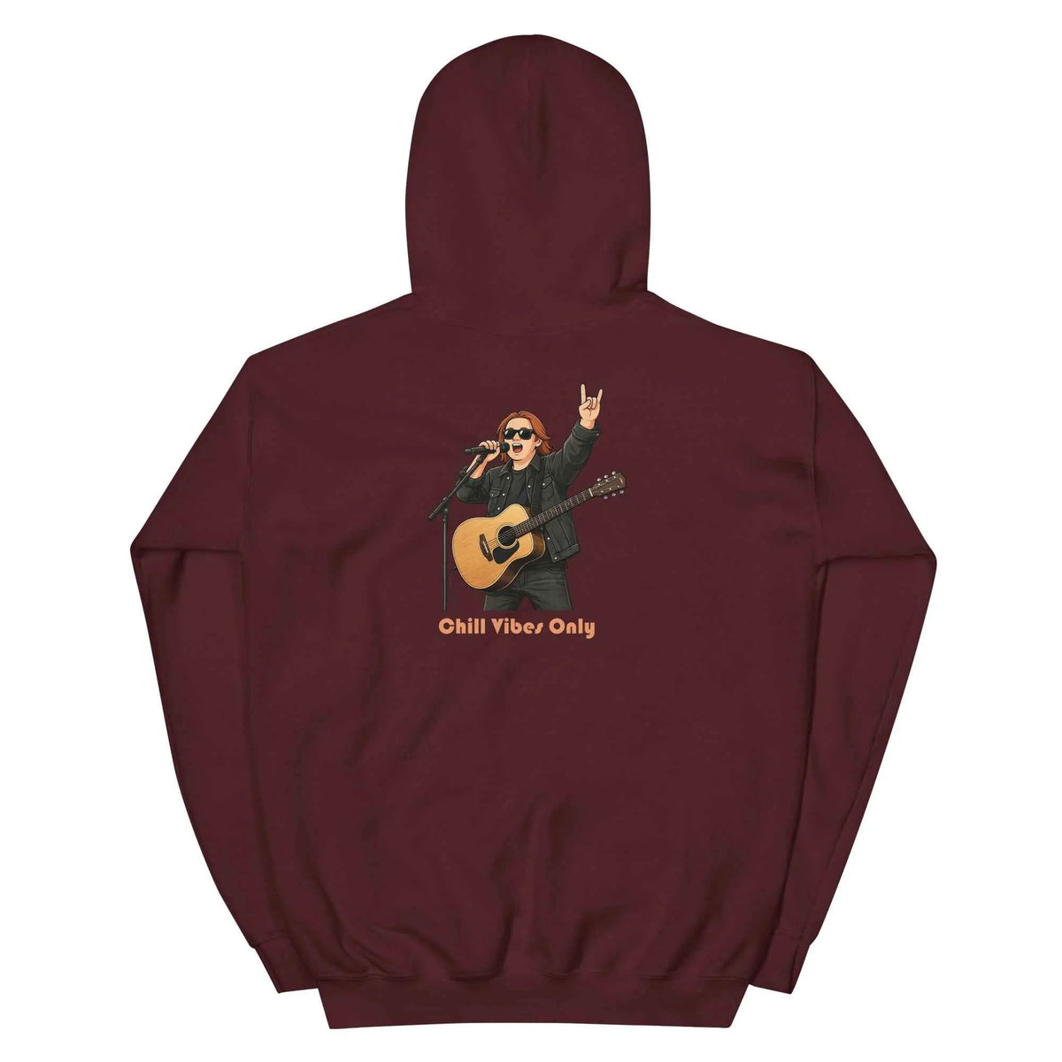 Maroon unisex hoodie with hood, back graphic of guitarist and 'Chill Vibes Only'.
