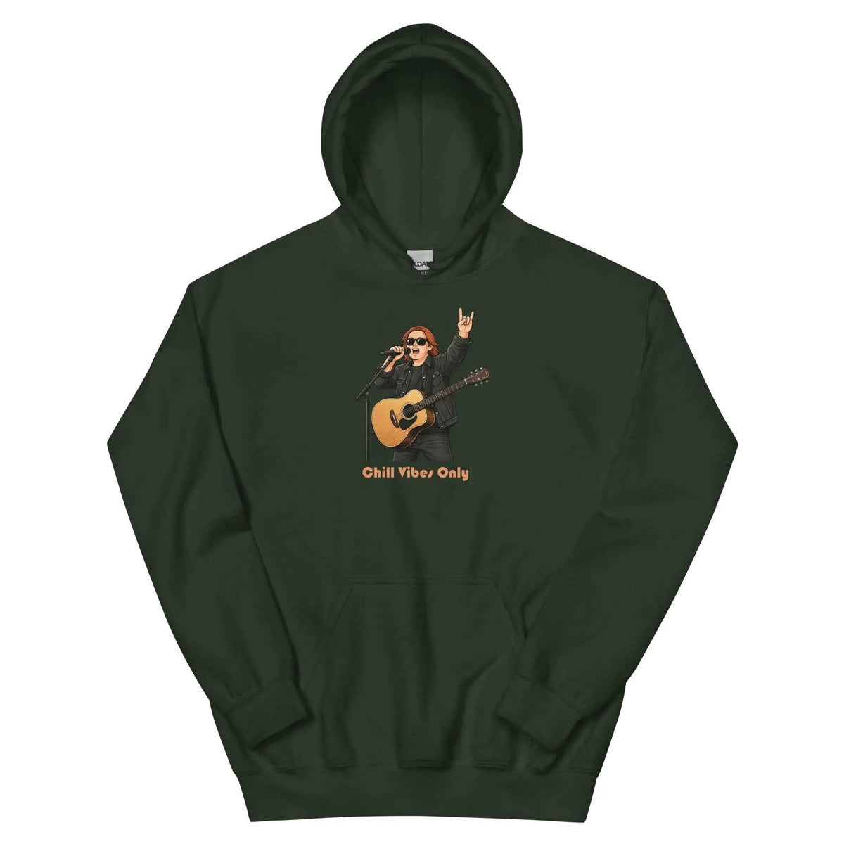 Forest green unisex hoodie with hood, front graphic of guitarist and 'Chill Vibes Only'.