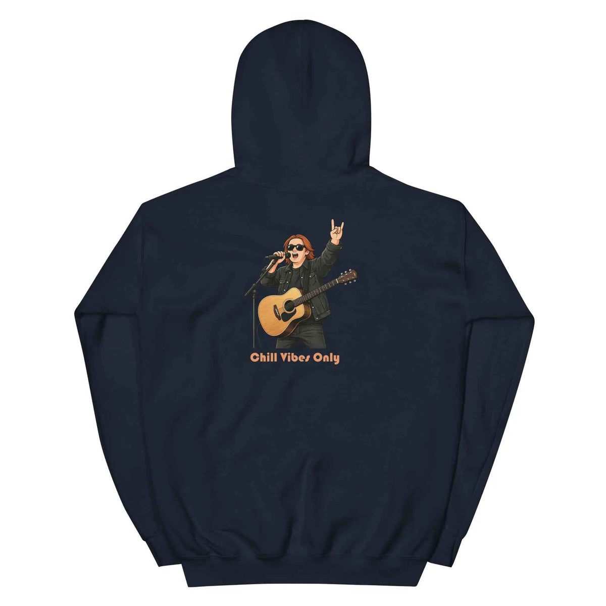 Navy unisex hoodie with hood, back graphic of guitarist and 'Chill Vibes Only'.