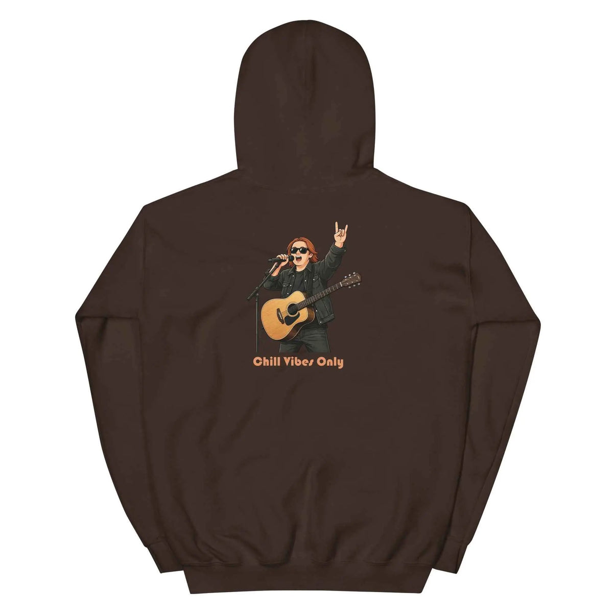 Dark brown unisex hoodie with hood, back graphic of guitarist and 'Chill Vibes Only'.