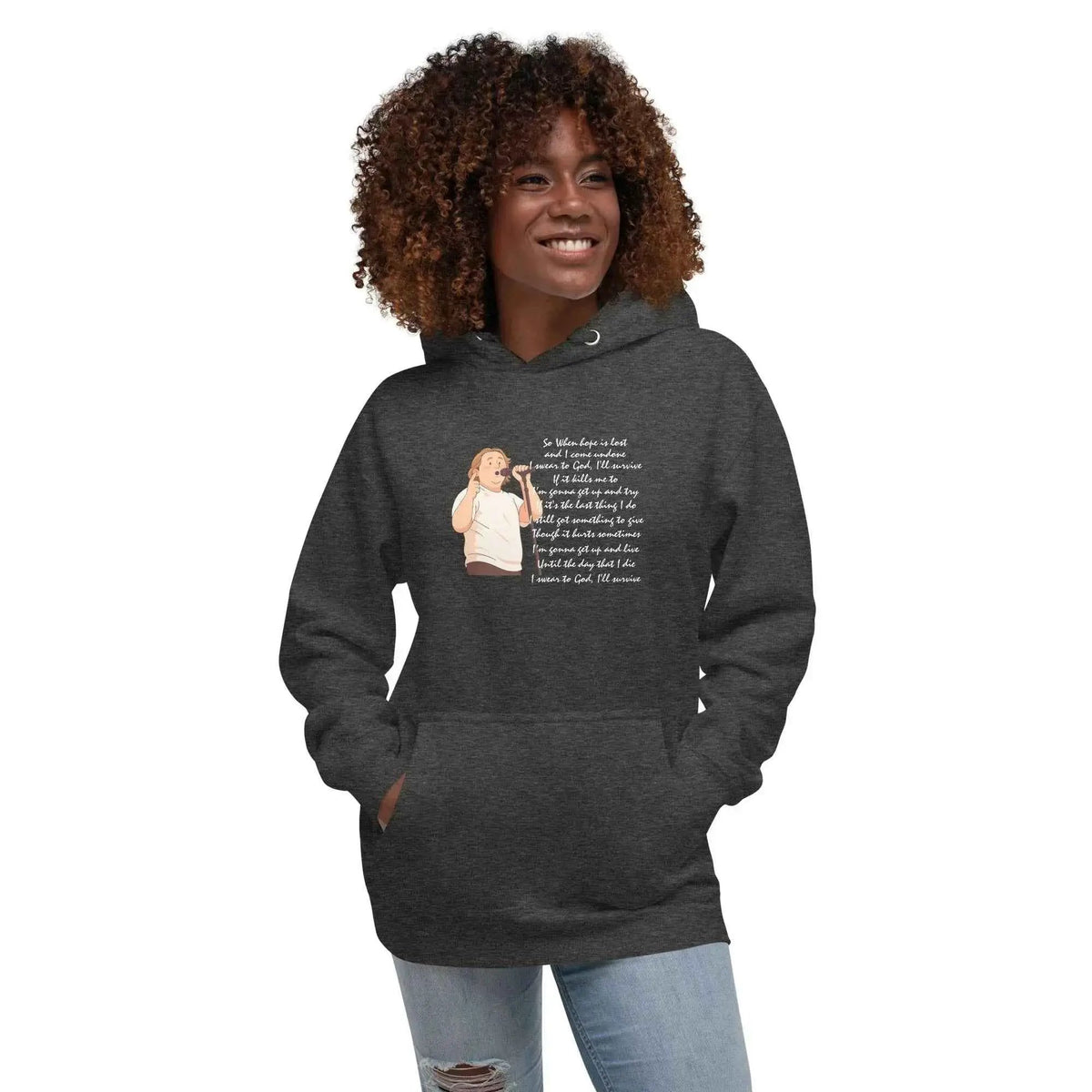 Unisex dark gray pullover hoodie with hood, front pocket, and lyrics graphic