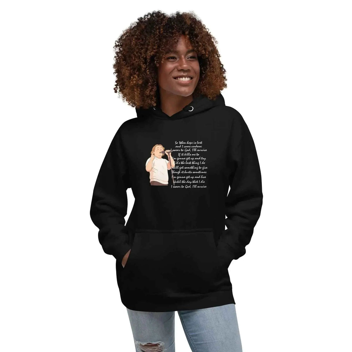 Unisex black pullover hoodie with hood, front pocket, and lyrics graphic