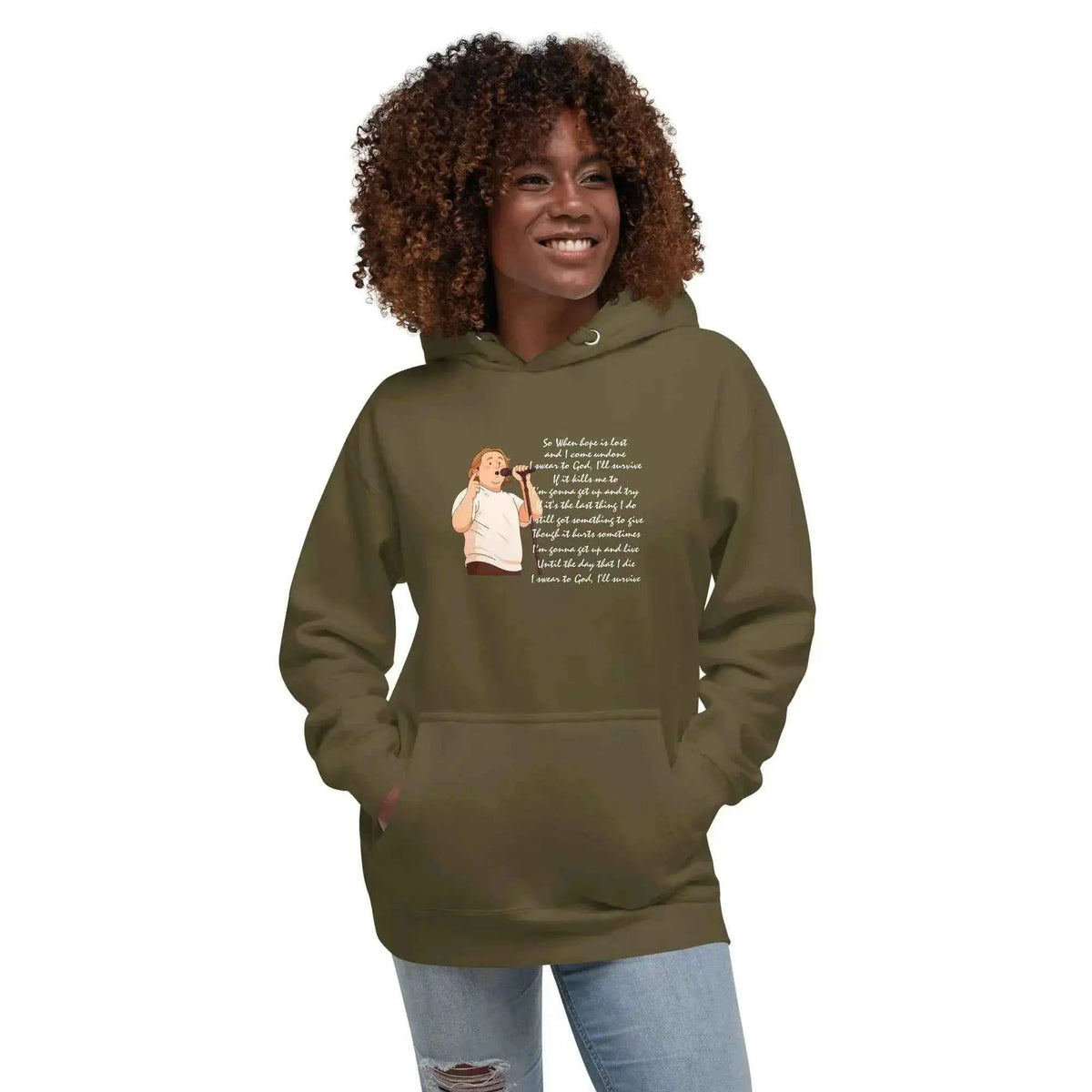 Unisex lyric graphic hoodie with hood and front pocket, olive green color