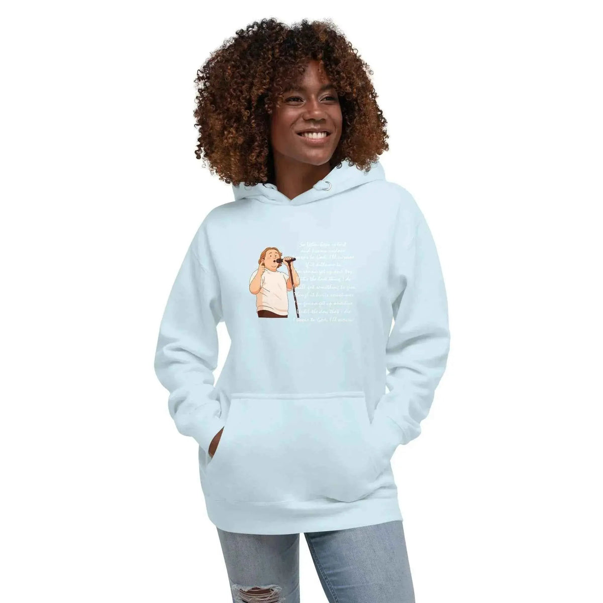 Unisex lyric graphic hoodie with hood and front pocket, light blue color