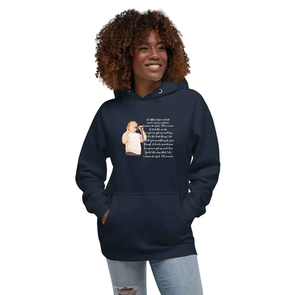 Unisex navy pullover hoodie with hood, front pocket, and lyrics graphic