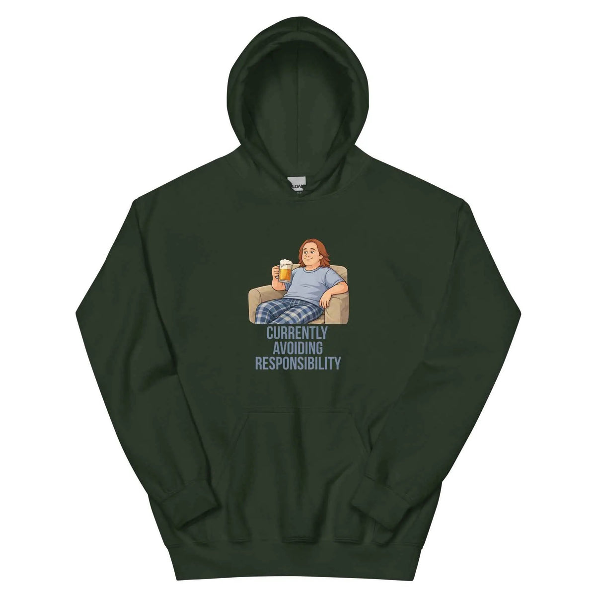 Forest green unisex hoodie with hood and front graphic reading "Currently avoiding responsibility".