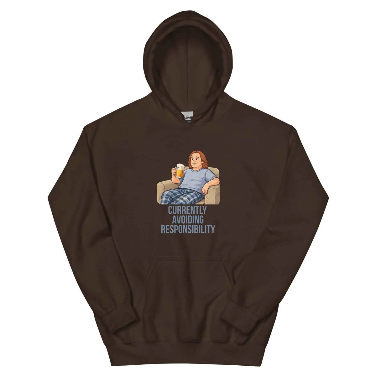 Dark brown unisex hoodie with hood and front graphic reading "Currently avoiding responsibility".