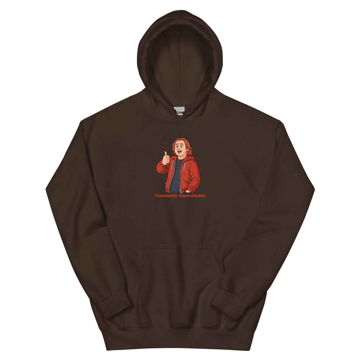 Dark brown unisex pullover hoodie with character graphic on the front and kangaroo pocket