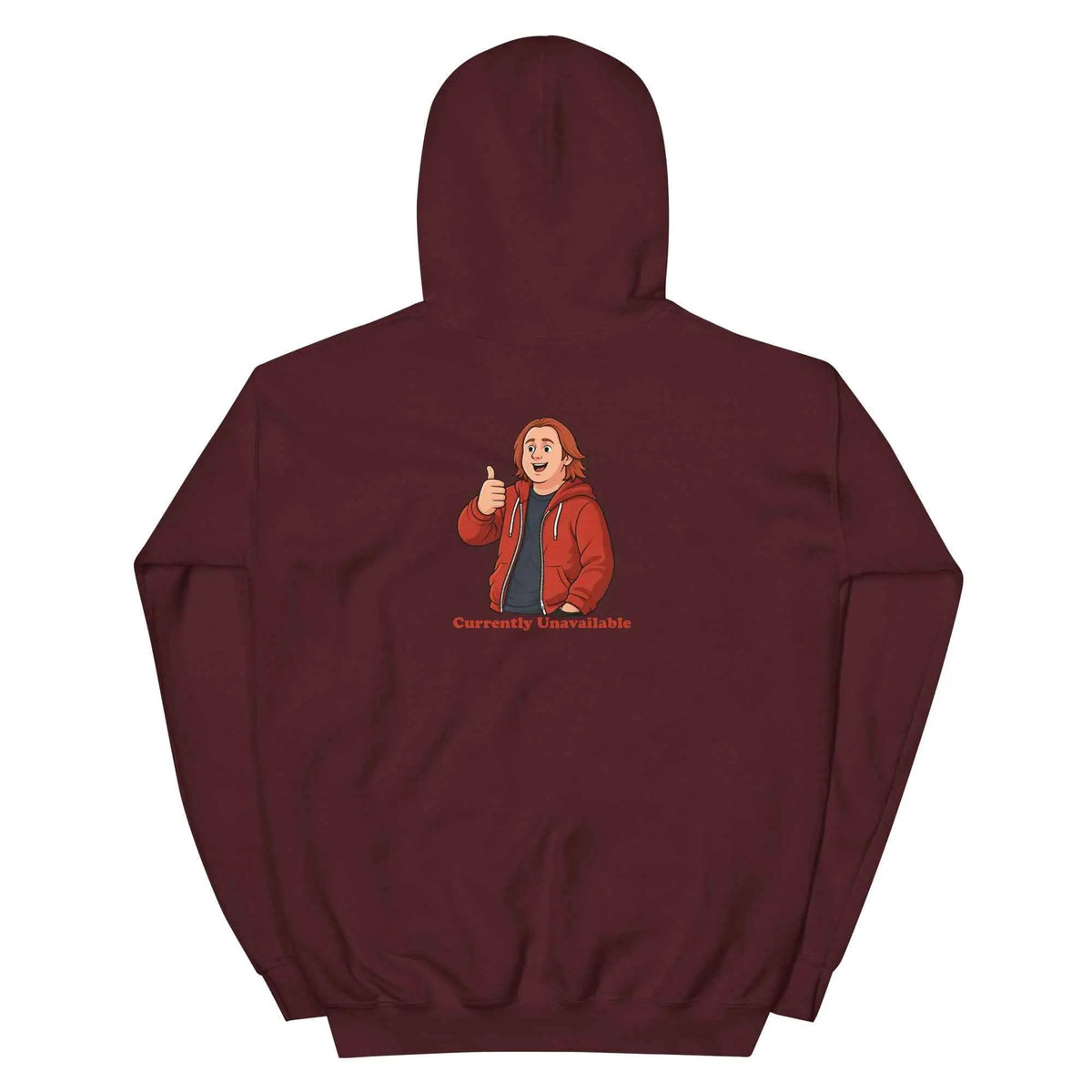Maroon unisex pullover hoodie with character graphic and text on the back