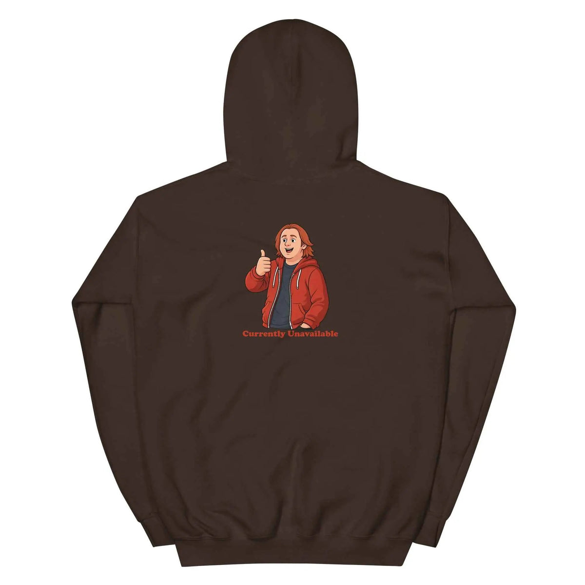 Dark brown unisex pullover hoodie with character graphic and text on the back
