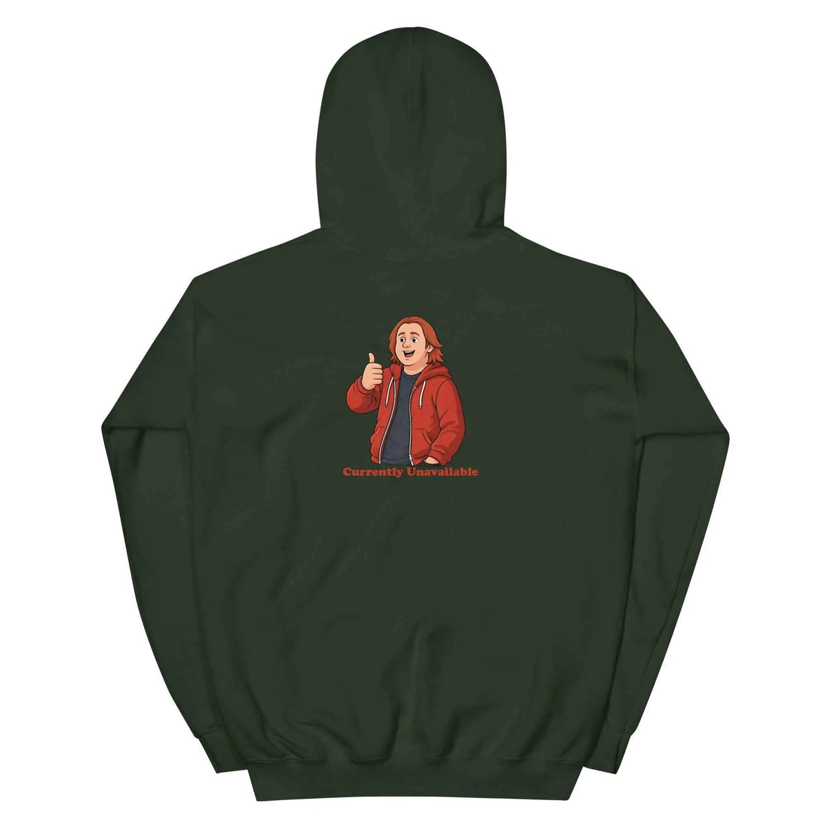 Forest green unisex pullover hoodie with character graphic and text on the back