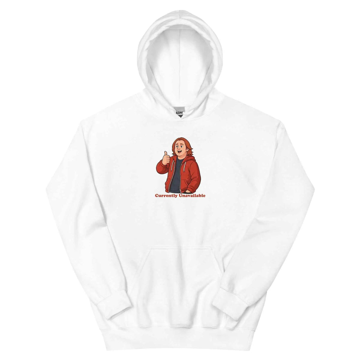 White unisex hoodie with front cartoon graphic and red “Currently Unavailable” text