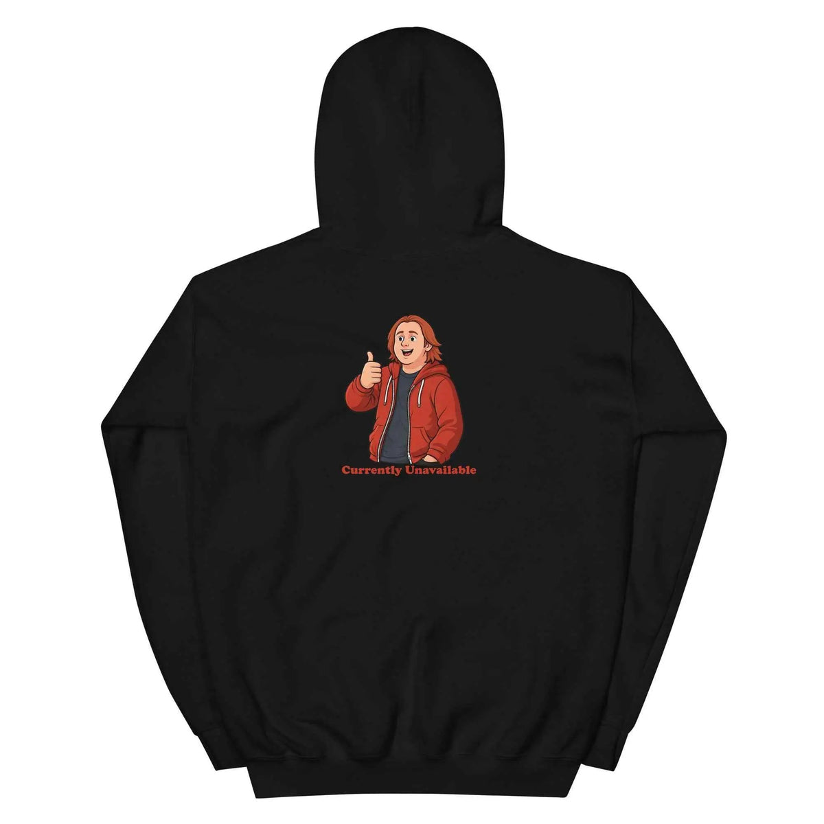 Black unisex pullover hoodie with character graphic and text on the back