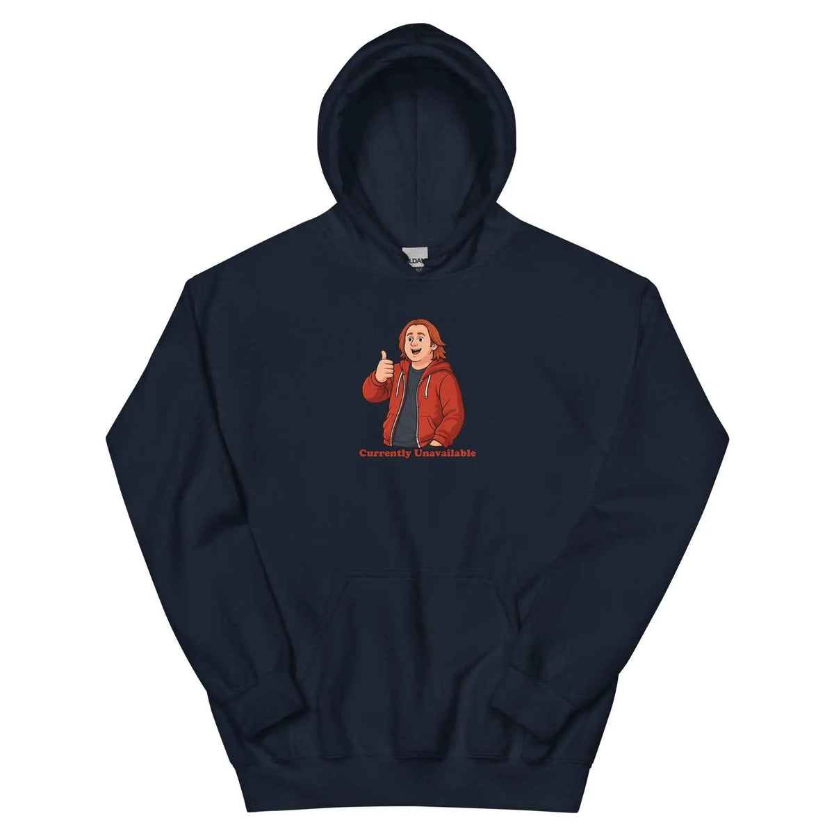 Navy unisex pullover hoodie with character graphic on the front and kangaroo pocket