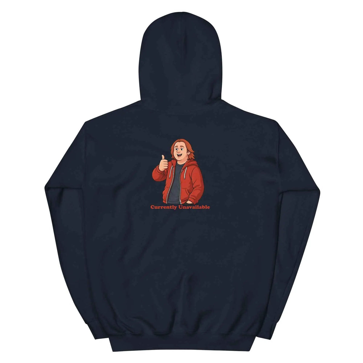Navy unisex pullover hoodie with character graphic and text on the back