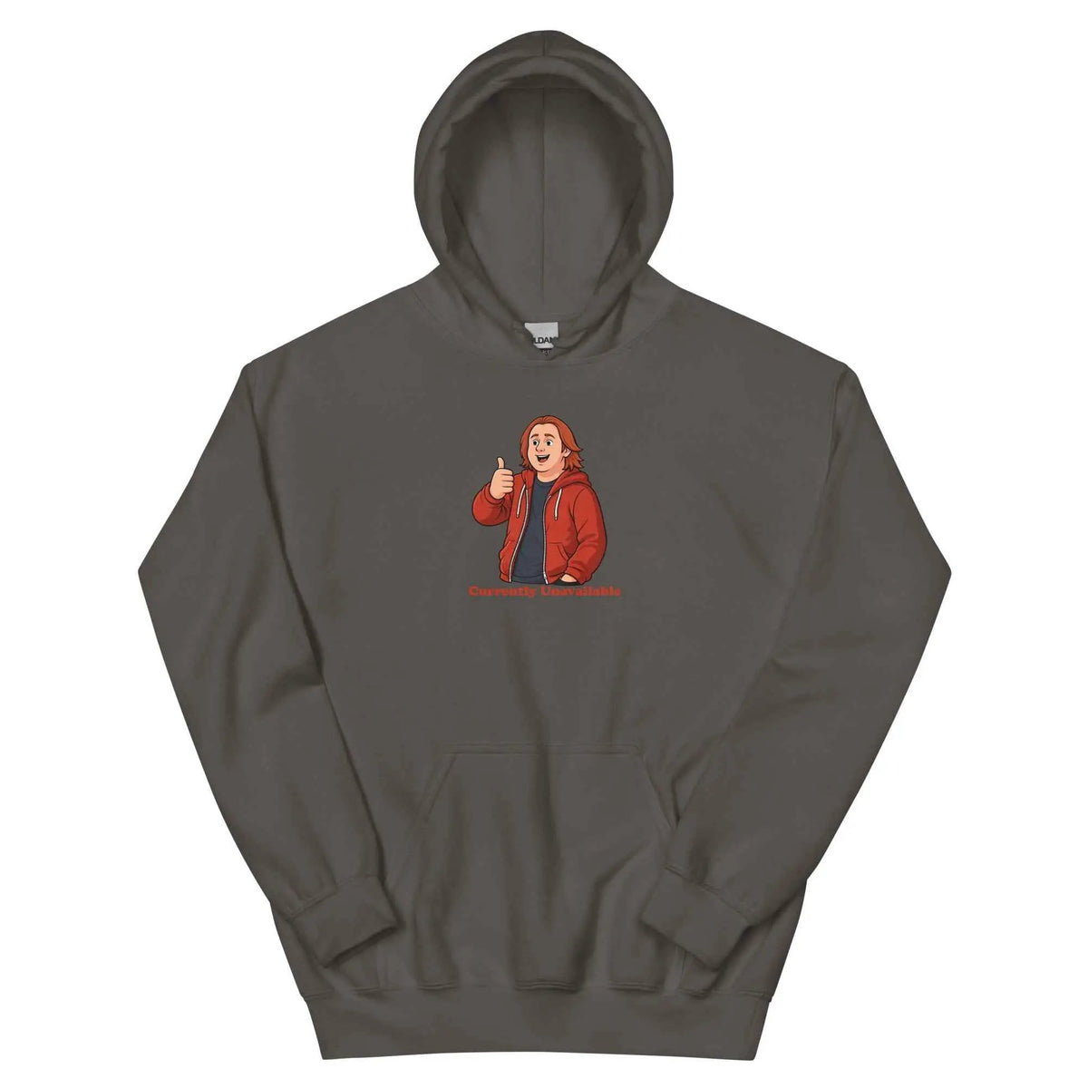 Charcoal unisex hoodie with front cartoon graphic and red “Currently Unavailable” text