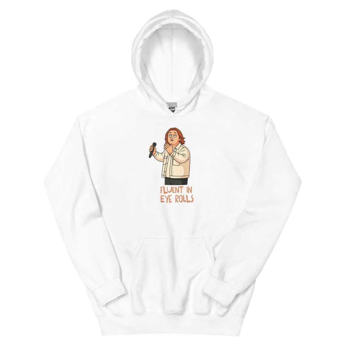 White pullover hoodie with hood and front graphic text design
